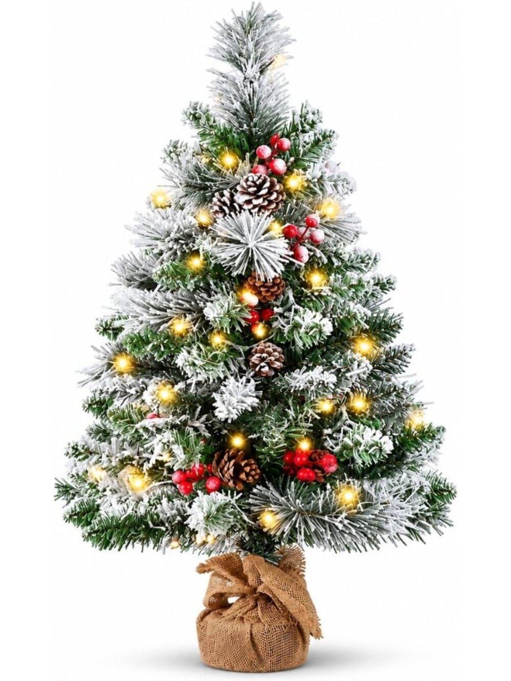 🎄3 FT Pre-lit Green Snowy Mini Christmas Tree 50 Lights Red Berries Decorations